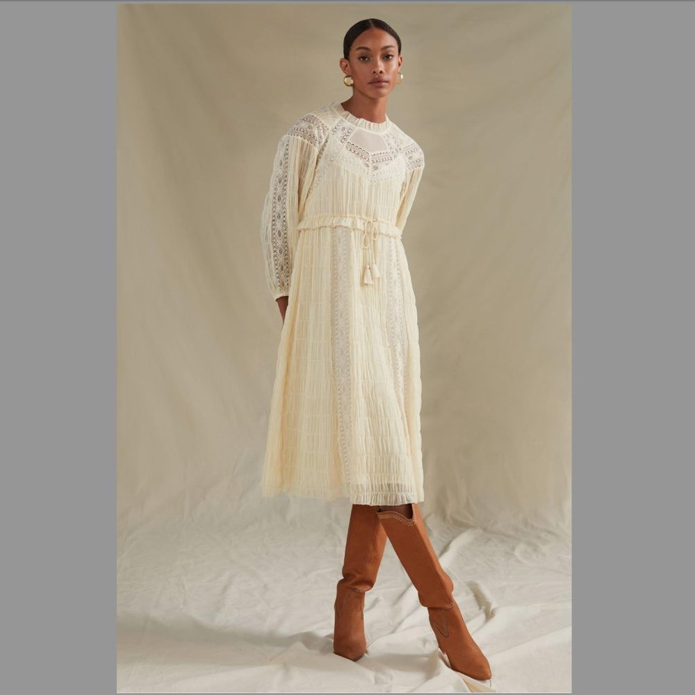 Anthropologie Let Me Be Ivory Pleated Lace Midi Dress